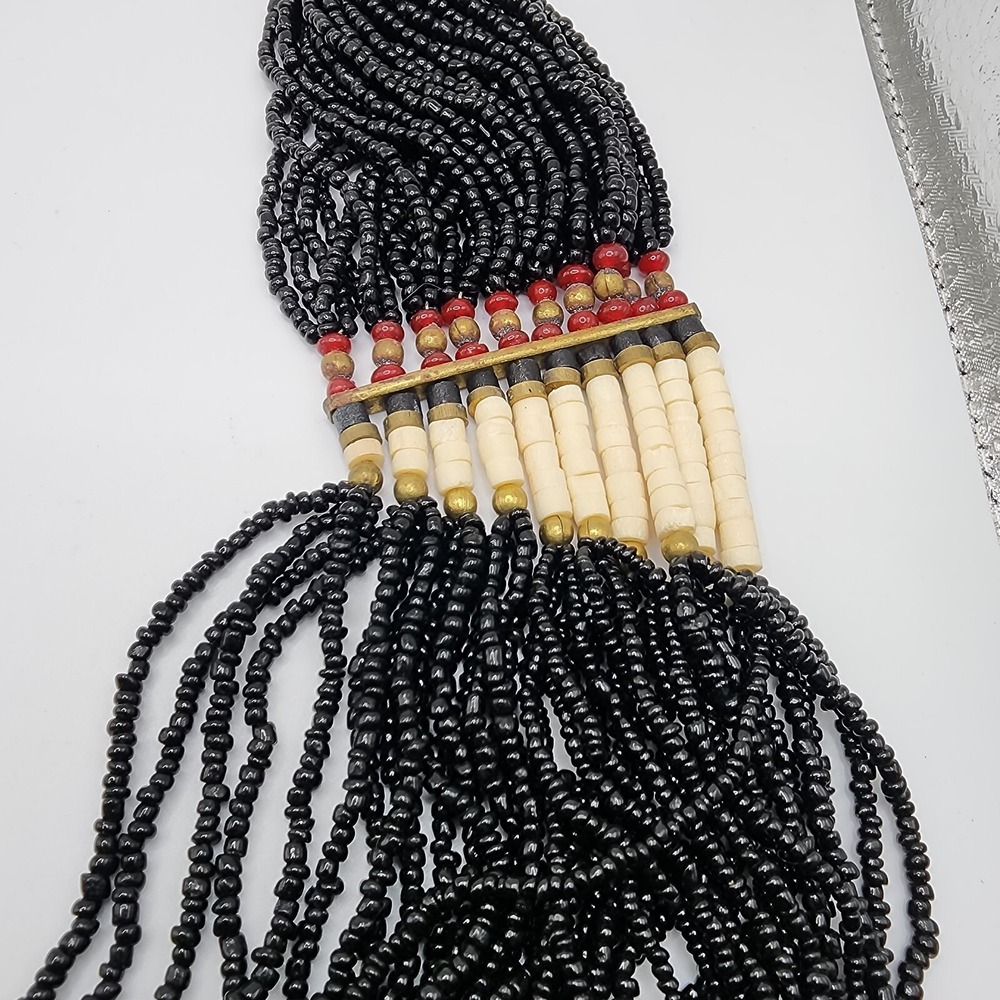 Vintage Boho Tribal Ethnic Black Glass Seed Bead Waterfall Layered Bib Necklace - Picture 10 of 16